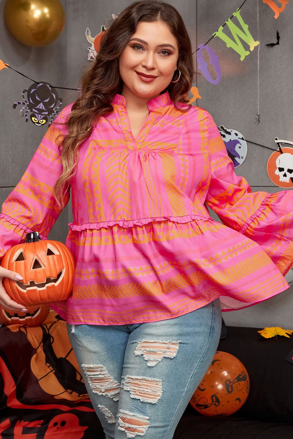 Vitality Orange Plus Size Geometric Embroidered Bell Sleeve Babydoll Blouse