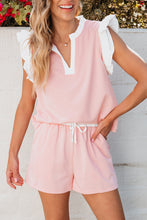 Load image into Gallery viewer, Light Pink Contrast Trim Ruffled Top and Drawstring Shorts Set
