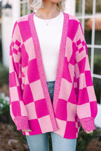 Load image into Gallery viewer, Rose Red Checkered Printed Ribbed Trim Open Front Cardigan
