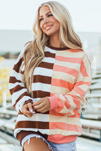 Load image into Gallery viewer, Brown Stripe Color Block Drop Shoulder Pullover Sweatshirt
