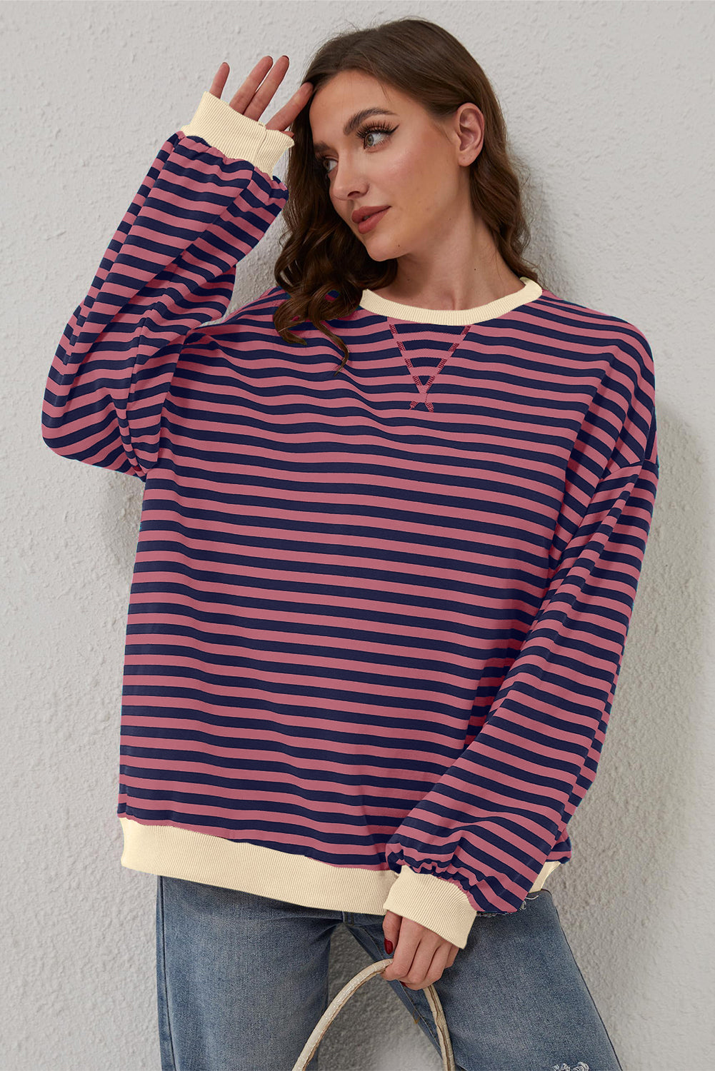 Blue Stripe Oversized Contrast Trim Pullover Sweatshirt