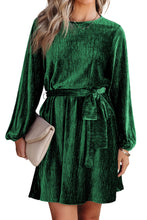 Load image into Gallery viewer, Green Tie Waist Crinkle Velvet Dress
