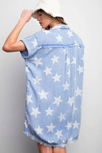 Load image into Gallery viewer, Sky Blue Stars Frayed Hem Collared Short Sleeve Denim Dress
