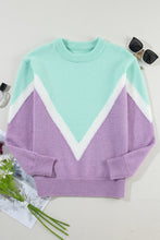 Load image into Gallery viewer, Green Chevron Colorblock Ribbed Knit Drop Shoulder Sweater
