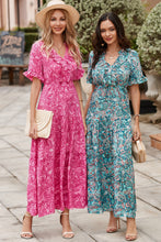 Load image into Gallery viewer, Pink Paisley Print Boho Holiday Ruffle Tiered Maxi Dress
