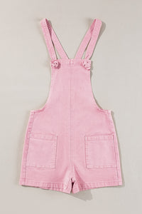 Pink Solid Color Knot Straps Denim Romper with Pockets