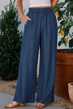 Load image into Gallery viewer, Sail Blue Side Pockets Frilled Smocked High Waist Wide Leg Jeans
