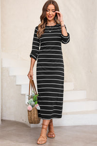 Apricot Striped Casual Slit Long Dress