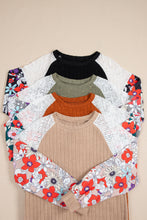 Load image into Gallery viewer, Laurel Green Floral Patchwork Long Sleeve Ribbed Blouse
