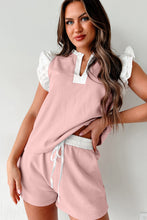 Load image into Gallery viewer, Light Pink Contrast Trim Ruffled Top and Drawstring Shorts Set
