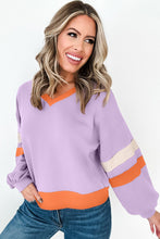 Load image into Gallery viewer, Orchid Bouquet Contrast Rib Knit Patchwork Drop Shoulder V Neck Sweatshirt
