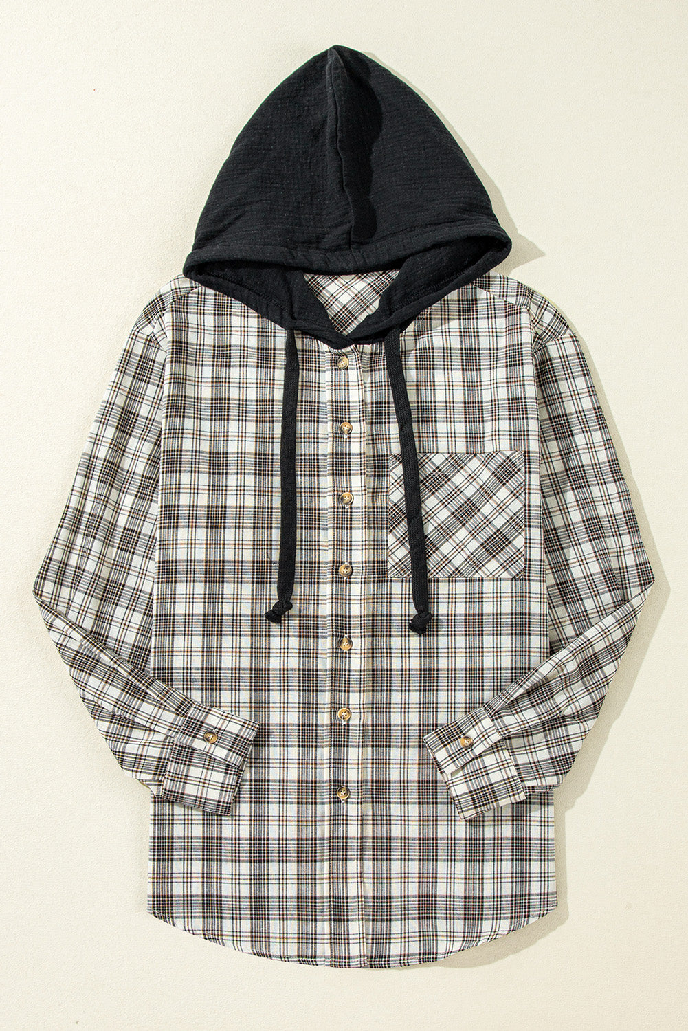 Green Checkered Print Loose Fit Buttoned Hooded Shacket