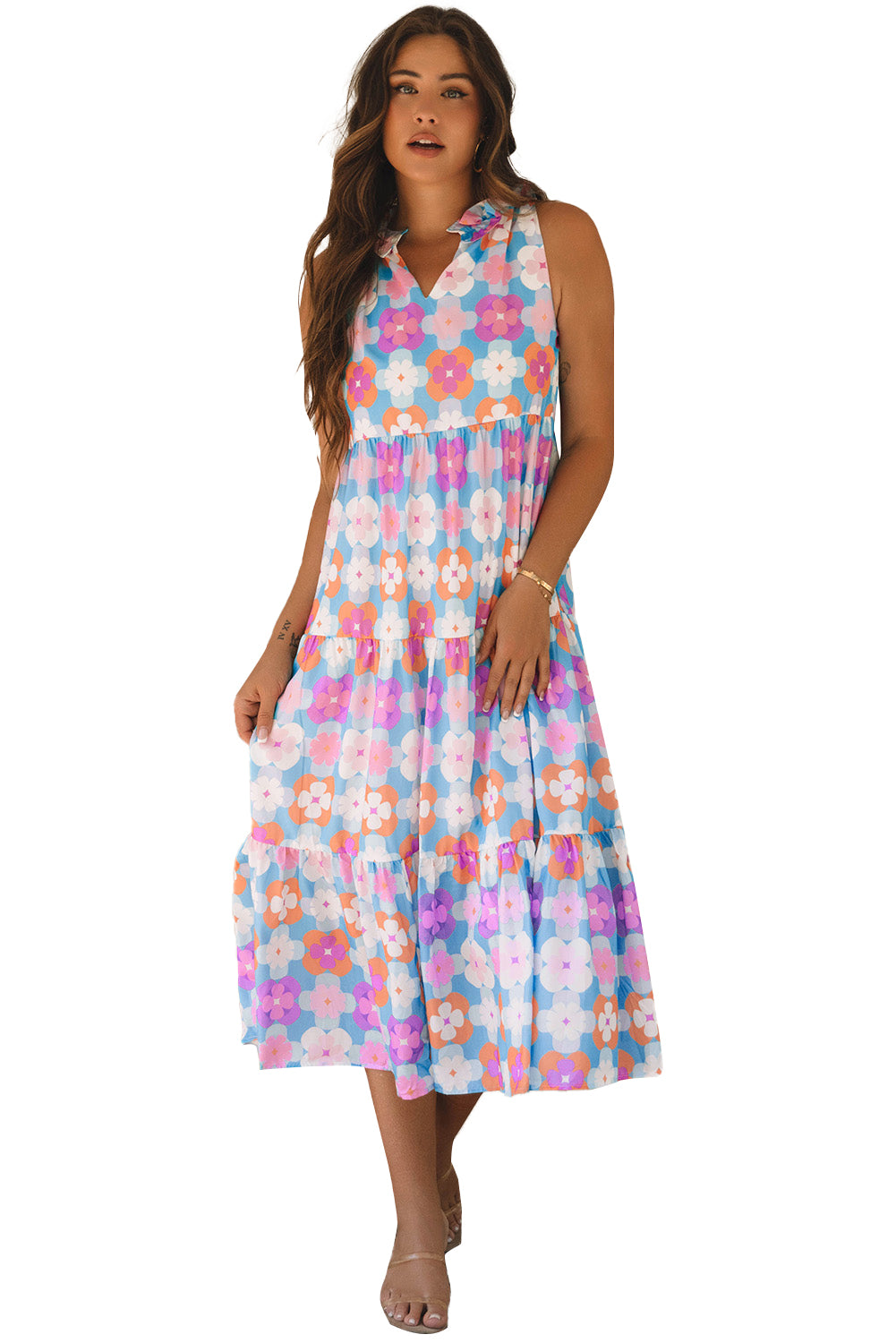 Blue Floral Print Frilly Neck Sleeveless Tiered Maxi Dress