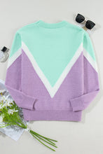 Load image into Gallery viewer, Green Chevron Colorblock Ribbed Knit Drop Shoulder Sweater
