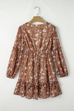 Load image into Gallery viewer, Brown Boho Floral Ruffled Puff Sleeve V Neck Mini Dress
