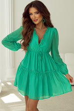 Load image into Gallery viewer, Sea Green Frilly V Neck Puff Sleeve Drawstring Shift Mini Dress
