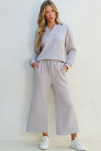 Load image into Gallery viewer, Light Grey Solid Textured Collared V Neck Top and Wide Leg Pants Set
