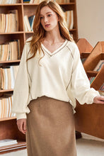 Load image into Gallery viewer, Beige Exposed Seam Textured Knit V Neck Pullover Top
