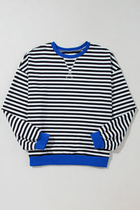 Blue Stripe Oversized Contrast Trim Pullover Sweatshirt