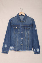 Load image into Gallery viewer, Sky Blue Lapel Distressed Raw Hem Buttons Denim Jacket
