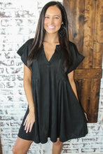 Load image into Gallery viewer, Black Textured V Neck Short Sleeve Pockted Mini Dress
