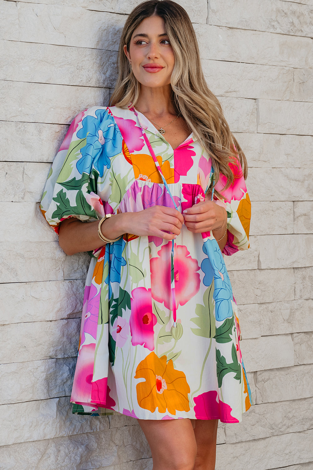 Rose Floral Print Split Neck Babydoll Dress