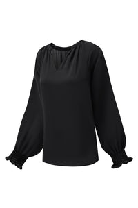 Green Pleated V Neck Puffy Sleeve Blouse