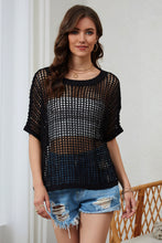 Load image into Gallery viewer, Apricot Fishnet Knit Ribbed Round Neck Short Sleeve Sweater Tee
