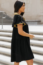 Load image into Gallery viewer, Black Sequin Trim Bubble Sleeve Game Day Shirt Dress
