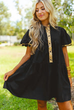 Load image into Gallery viewer, Black Sequin Trim Bubble Sleeve Game Day Shirt Dress
