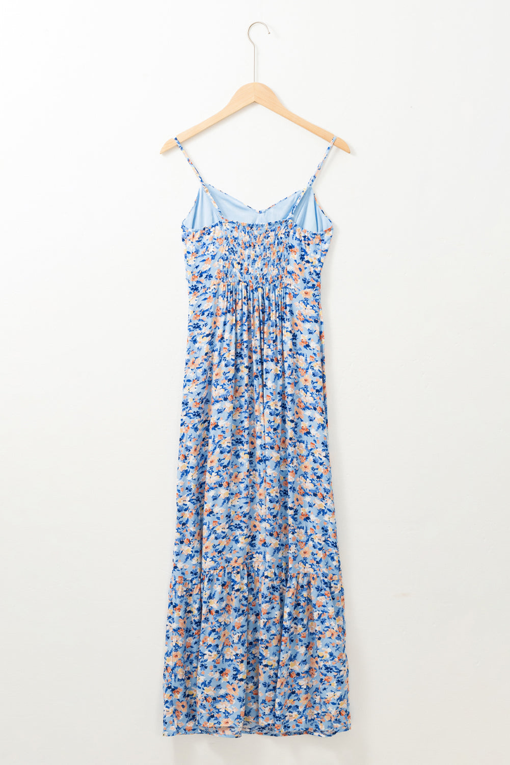 Sky Blue Floral Print Ruffled Ruched Maxi Dress