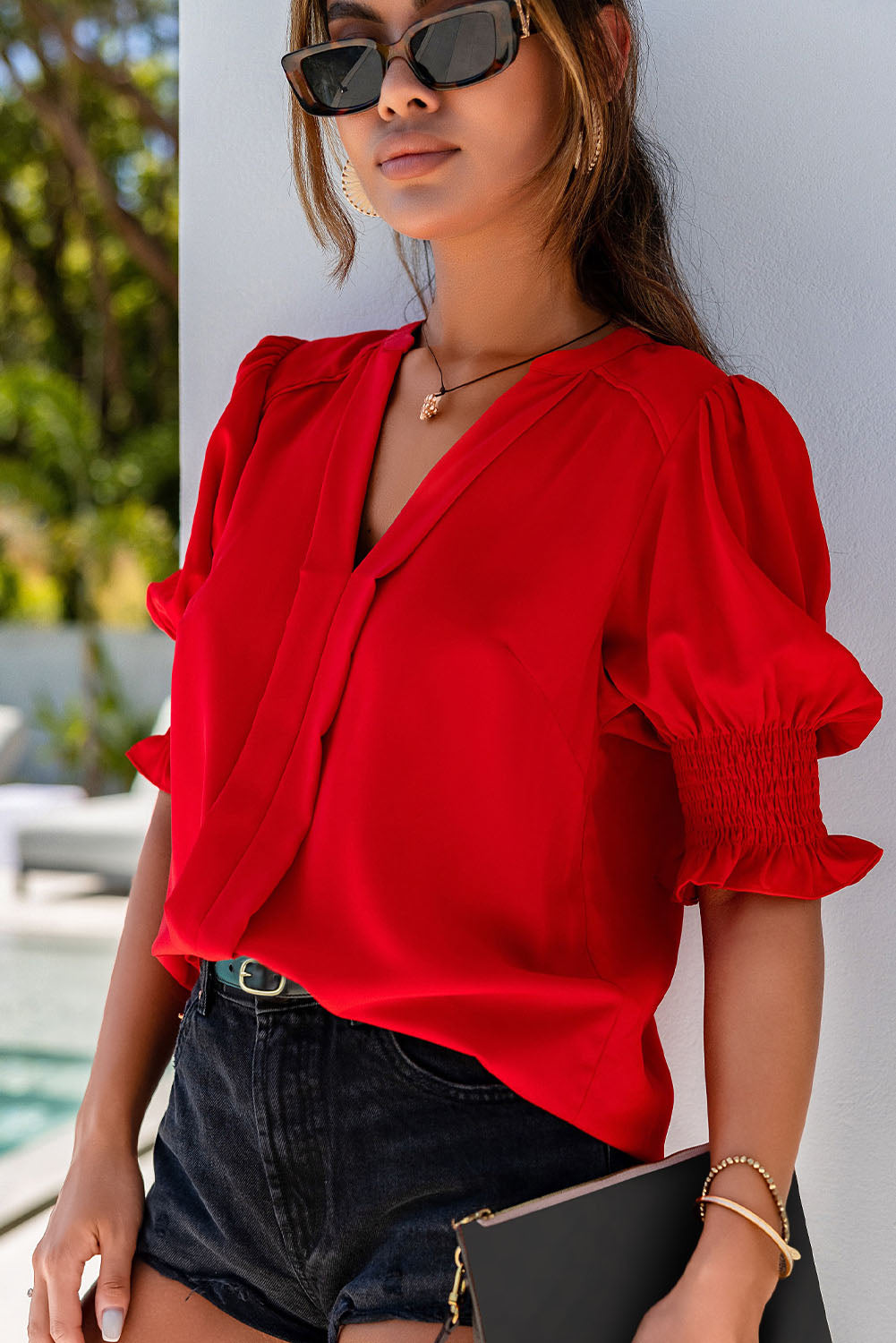 Apricot Solid Color Half Sleeve V Neck Blouse