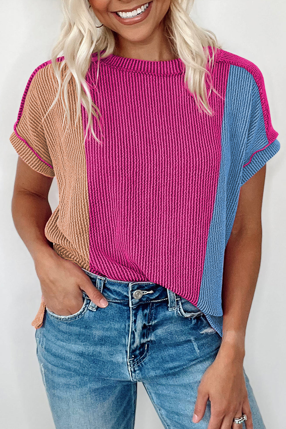 Pink Textured Colorblock Crew Neck T Shirt