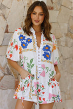 Load image into Gallery viewer, White Floral Print Split Neck Pocketed Shirt Collar Romper
