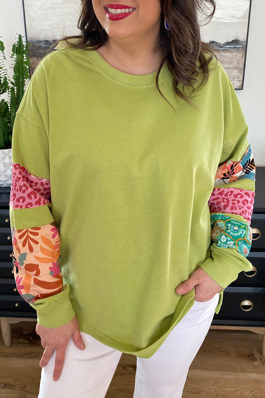 Green Plus Size Printed Patchwork Sleeve Split Sweatshirt