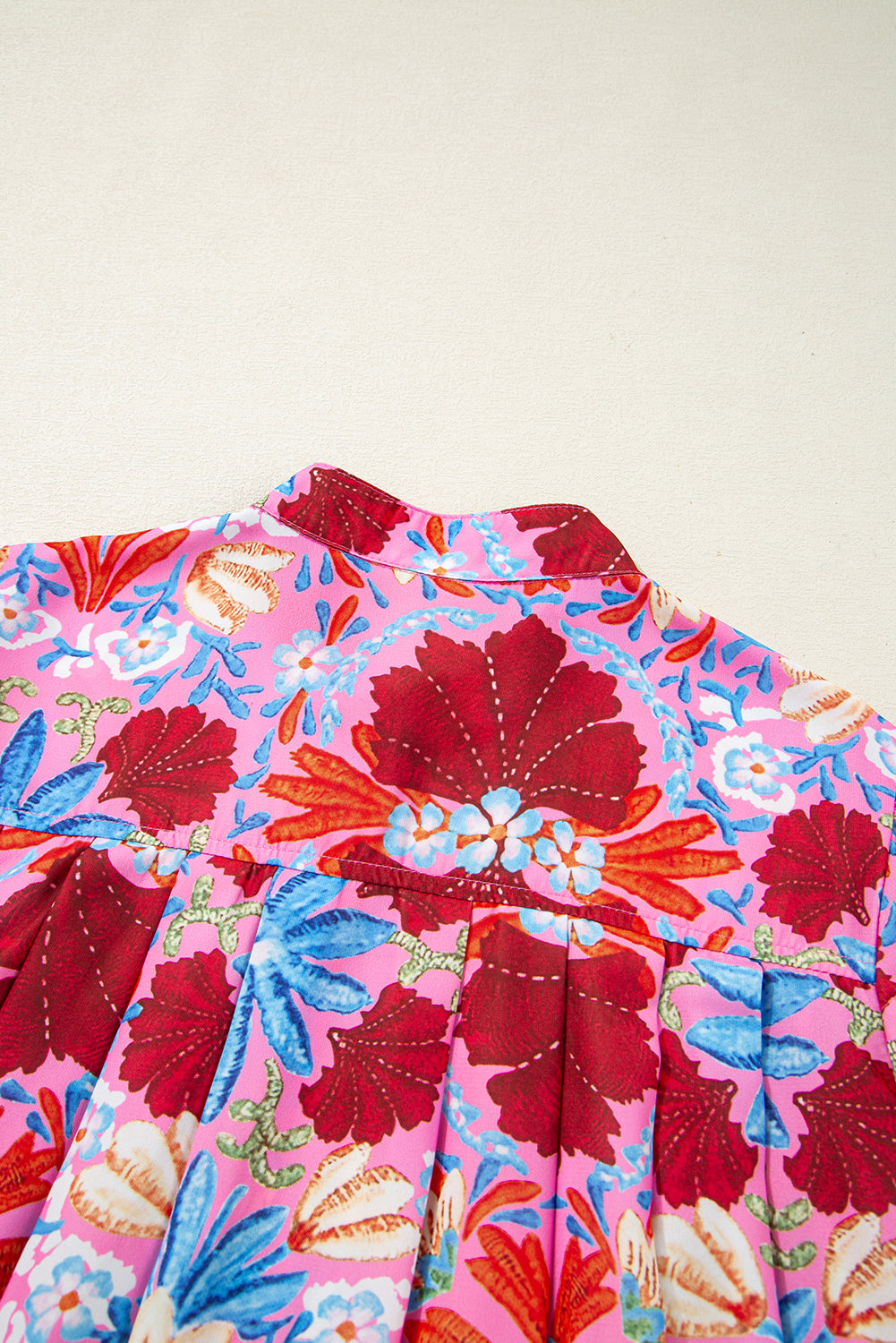 Pink Floral Print Bubble Sleeve Button Up Pleated Shirt