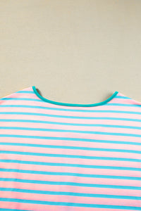 Pink Stripe Contrast Trim Half Zip Short Sleeve Top