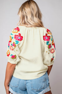 White Floral Embroidered Ricrac Puff Sleeve Textured Blouse