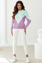 Load image into Gallery viewer, Green Chevron Colorblock Ribbed Knit Drop Shoulder Sweater
