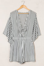 Load image into Gallery viewer, Gray 3/4 Wide Kimono Sleeves Tie Front Striped Romper with Pockets
