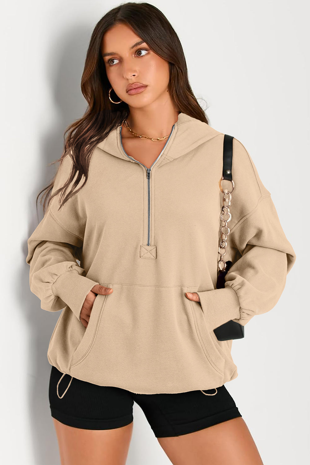 Black Solid Kangaroo Pocket Half Zipper Oversized Hoodie