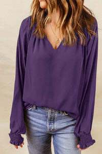 Green Pleated V Neck Puffy Sleeve Blouse