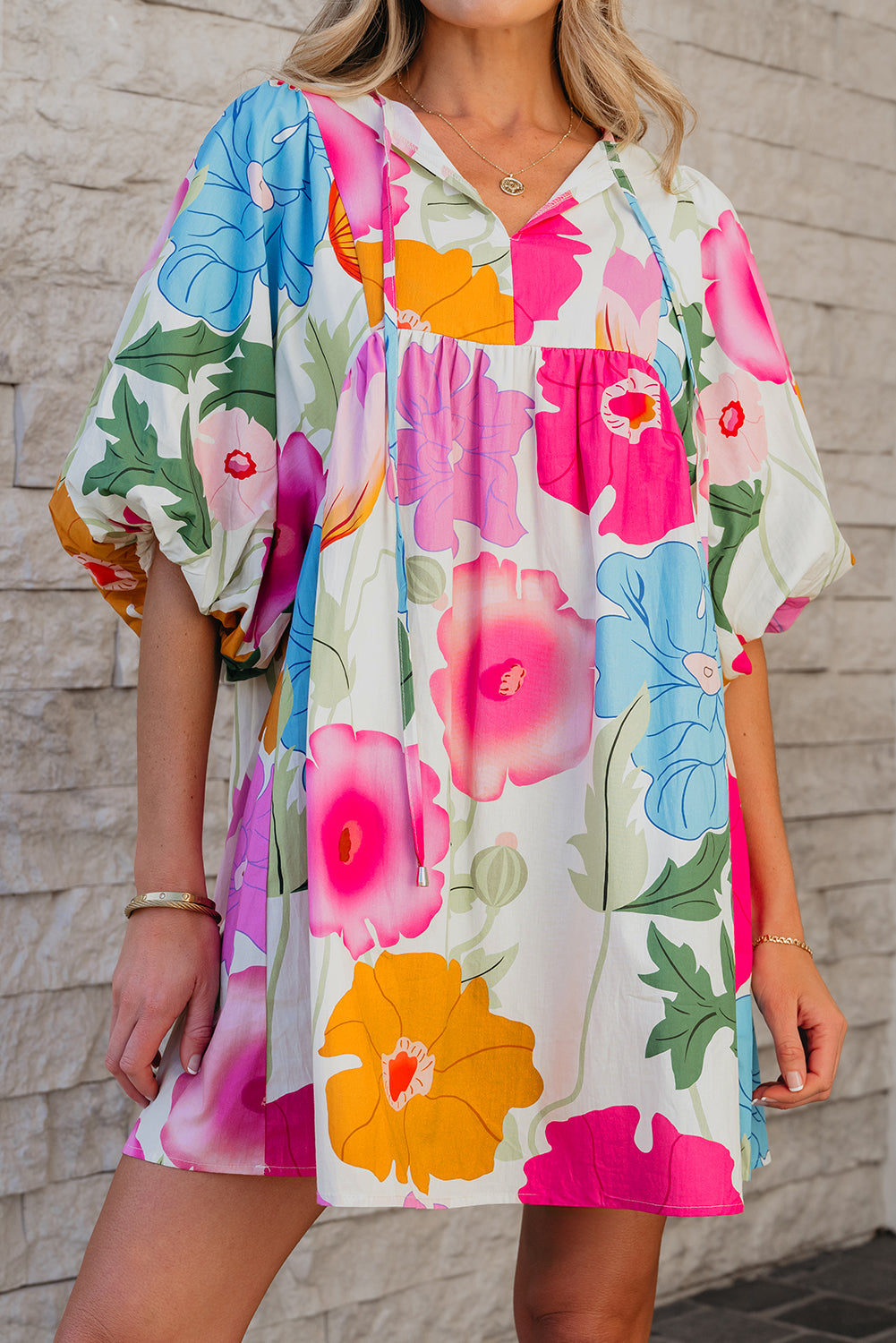 Rose Floral Print Split Neck Babydoll Dress