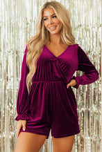 Load image into Gallery viewer, Red Dahlia Velvet Surplice Neck Ruffled Sleeve High Waist Romper
