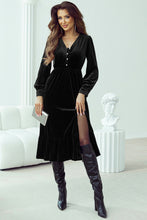 Load image into Gallery viewer, Black Velvet Buttoned Puff Sleeve V Neck Split Midi Dress
