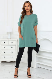 Gray Side Pockets Short Sleeve Tunic Top