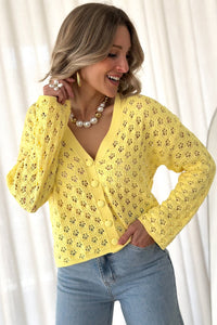 Yellow Pointelle Knit V Neck Sweater Cardigan