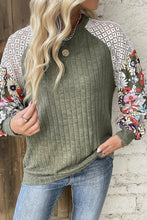 Load image into Gallery viewer, Laurel Green Floral Patchwork Long Sleeve Ribbed Blouse
