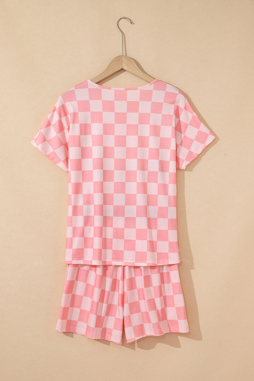 Pink Checkered V Neck Tee Drawstring Shorts Lounge Set