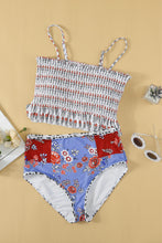 Load image into Gallery viewer, Blue Printed Smocked High waisted swimsuits
